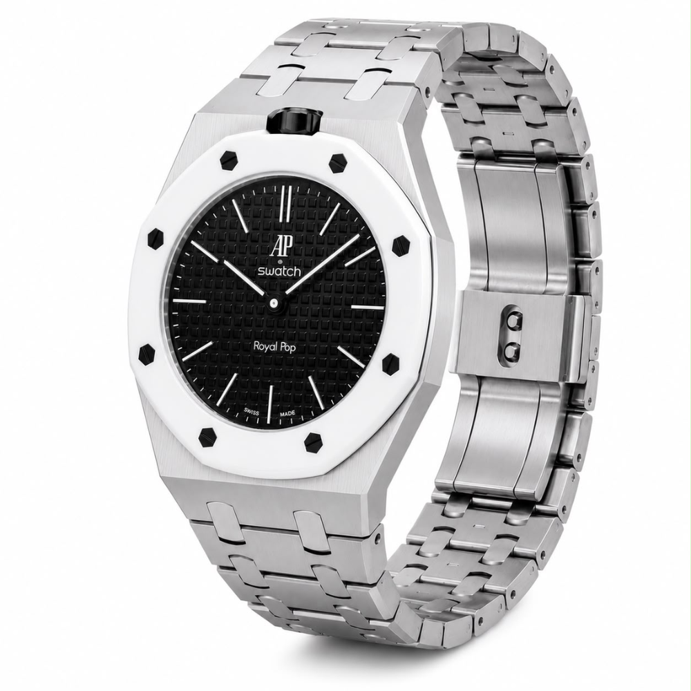 Premium Stainless steel Silver Watch Strap & Case for Swatch Royal Pop