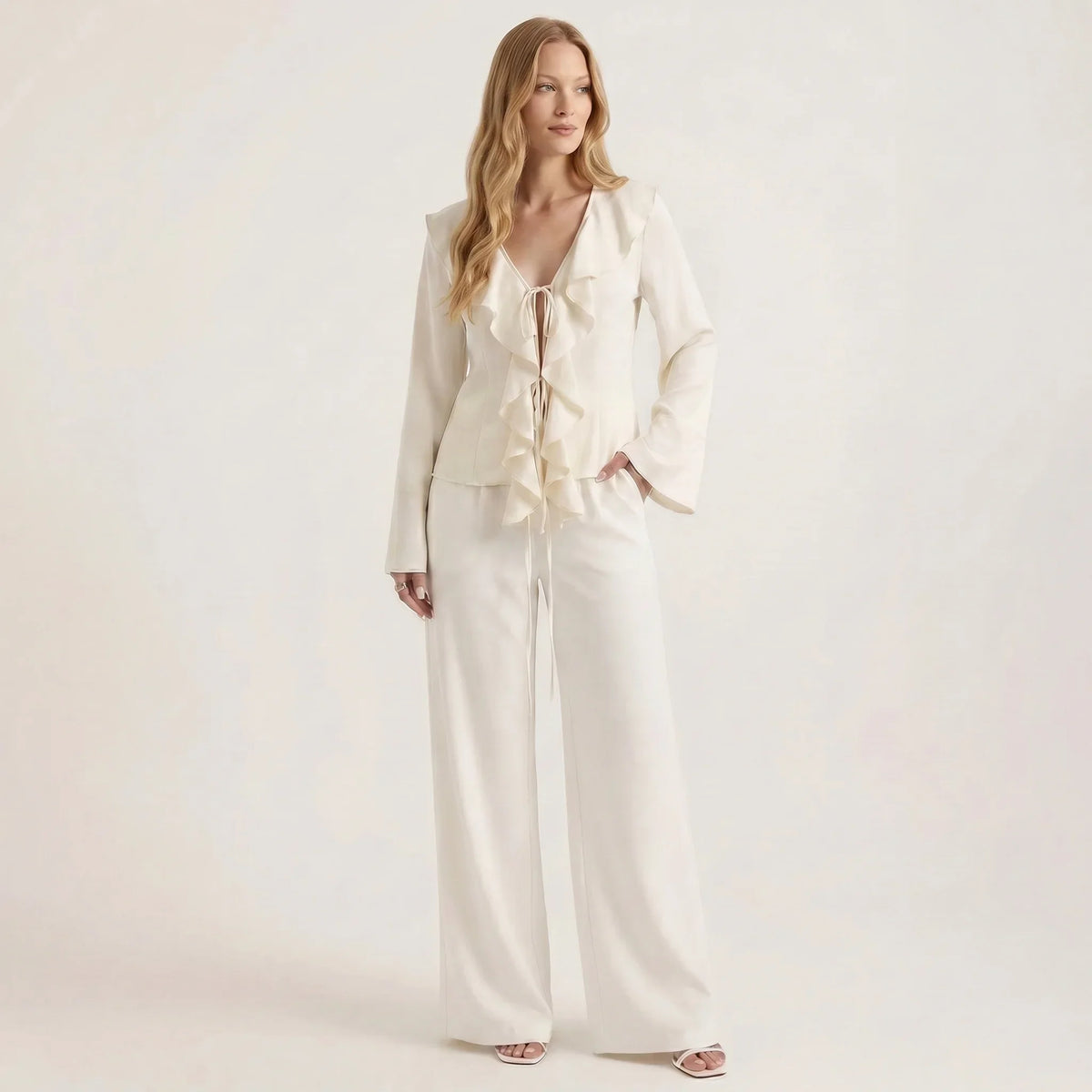 Art Byzance - Women's Ruffle Blouse and Wide Leg Pants Set